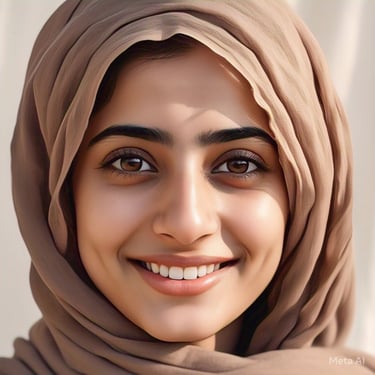 Pakistani women aged 28 years, with light brown color and hijaab.