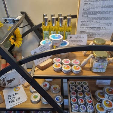 a display case with various types of products