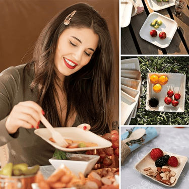 a woman is eating fruit and vegetables in eco friendly bagasse plate and wooden cutlery