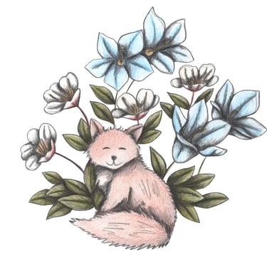 Hand-drawn illustration of a fox surrounded by white and blue flowers