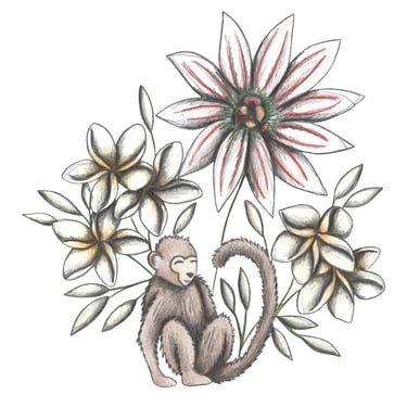 Hand-drawn illustration of a monkey surrounded by white tropical flowers