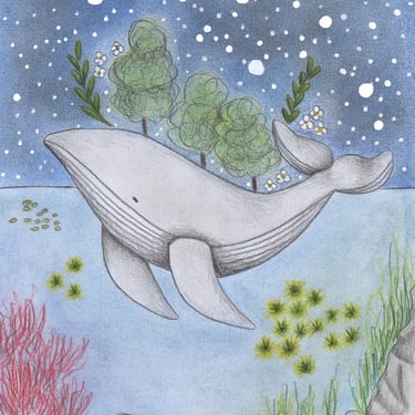 Hand-drawn illustration of a whale, covered with trees, swimming in the ocean under a starry sky