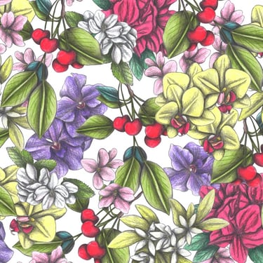 Hand-drawn flowers and cherries pattern with a white background