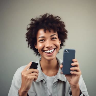 A happy customer holding a phone accessory at Pixel Celulares.