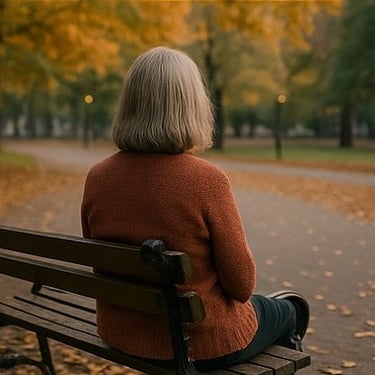 Older woman siting on a bench in the park in the fall