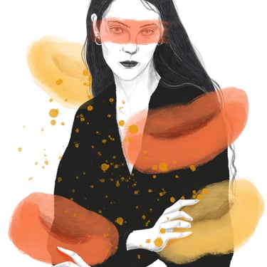 Illustration of a woman with long black hair with abstract orange and yellow splashes around her