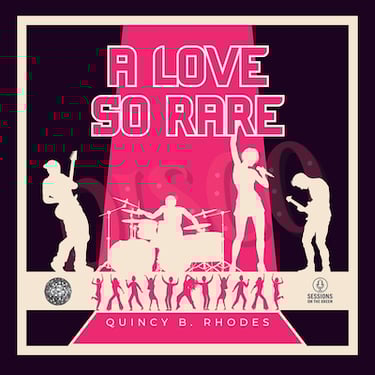 White silhouette band on stage with pink background
