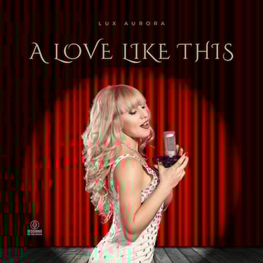 Blonde singer with vintage mic in front of red stage curtain