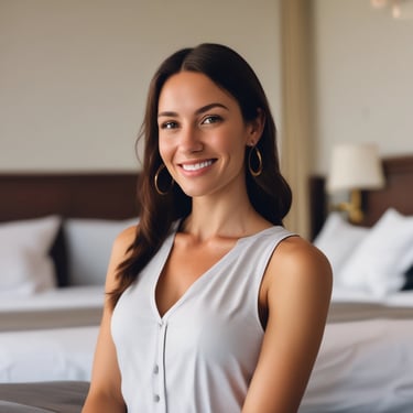 A modern hotel room features a large bed with white linens, a corner sofa with cushions, and a round coffee table. A large wall of windows provides a panoramic view of the city skyline with various skyscrapers.