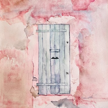French Village House A Lonely Blue Door, Pink Cracked Wall Watercolor Painter Weronika Kacperski