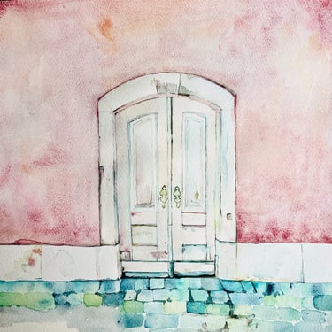 French Village House White Door Pink Wall Weronika Kacperski Watercolor