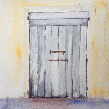 Grey minimalist doorway in watercolour, 20 × 20 cm, Portes series by Weronika Kacperski