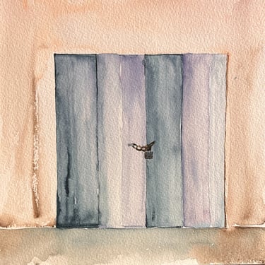 Watercolor of a grey blue double barn door set in a warm melon-toned wall, frontal composition with quiet tonal harmony.