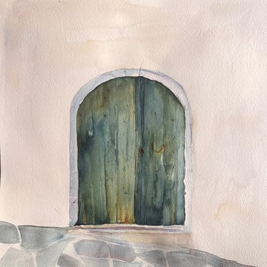 Deep green doorway in watercolour, 30 × 30 cm, from the Portes series by Weronika Kacperski