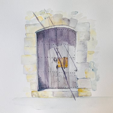Mineral-toned stone gate painted in watercolour, 30 × 30 cm, from the Portes series by Weronika Kacperski