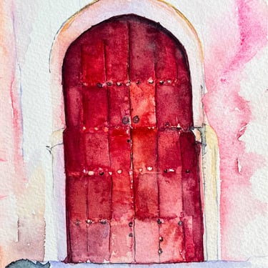 sleeping cat and old red moroccan door watercolor by weronika kacperski