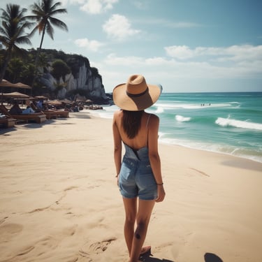 woman sits on brown wooden beach chair