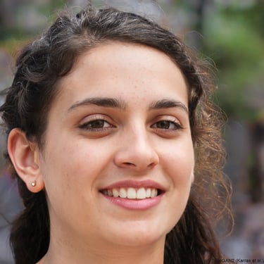 Retrato de uma mulher sorridente com cabelos castanhos encaracolados ao ar livre