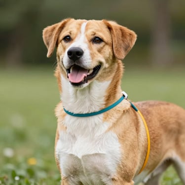 A simple, clean graphic diagram of a happy dog showing where to measure neck, chest, and back length, with soft colorful lines, high contrast