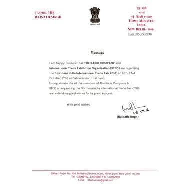 a letter from the HOME MINISTER of india TO THE KABIR COMPANY