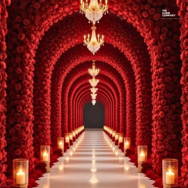 Elegant wedding aisle featuring a red rose flower tunnel with crystal chandeliers and candle lanterns.