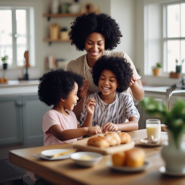 A warm loaf of freshly baked bread resting on a rustic wooden table, surrounded by a few scattered flour dust and baking tools.