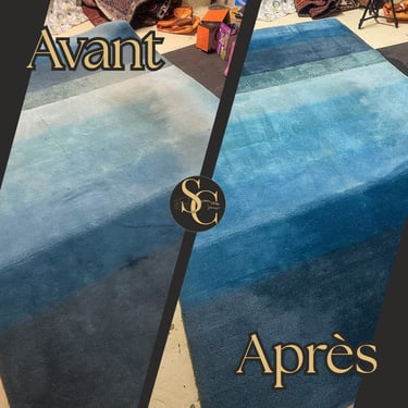 Shampouinage tapis moderne grande taille avant après à domicile Coutances — nettoyage tapis Manche