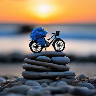 a bicycle is sitting on a pile of rocks