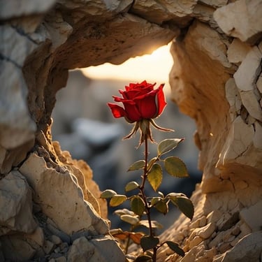 a single rose in a rock wall