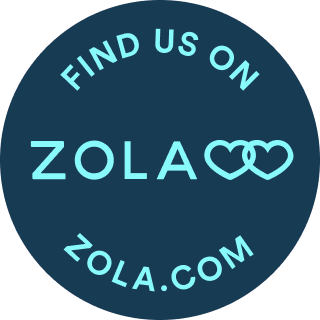 Find us on Zola wedding vendor search and website logo in light blue on a dark navy circle.