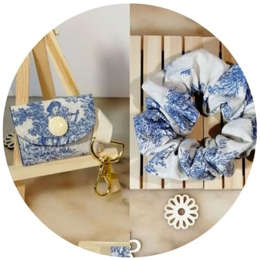 chouchou et porte-jeton en toile de Jouy