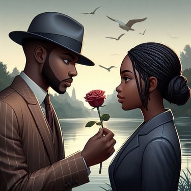 Maurice gives Tamara a rose, symbolizing love and tenderness on their transformative journey.