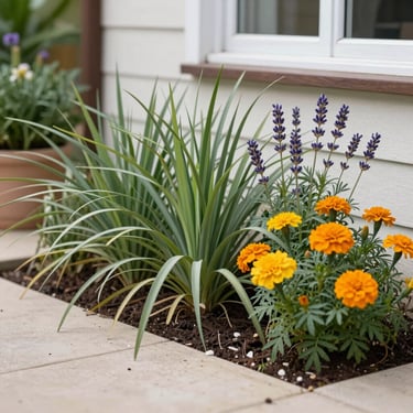 lemongrass, lavender and marigold plants growing in a flowerbed