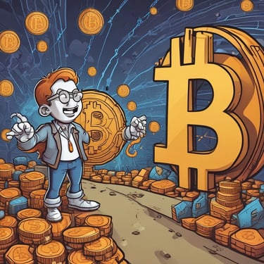 A cartoon character happily saving Bitcoins.