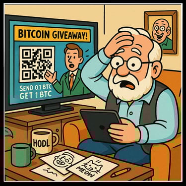 Cartoon of gentle, old man who realizes he has been scammed.