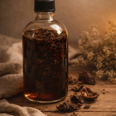 black walnut husk herbal tincture in glass bottle with natural plant material, traditional botanical preparation & potency