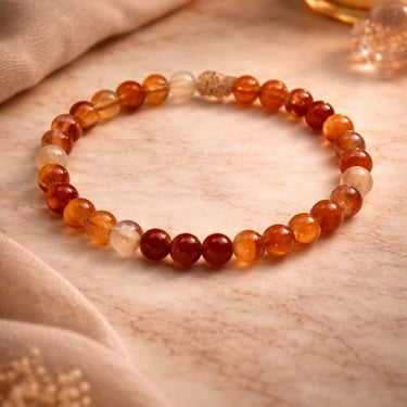 6mm carnelian bracelet with warm orange beads on marble with soft golden light