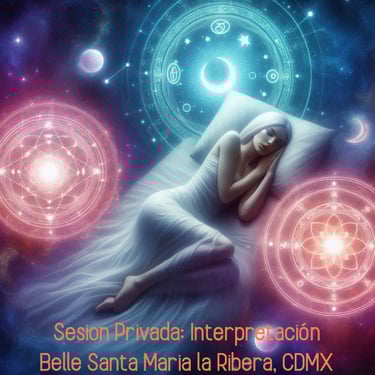 Illustration of a woman peacefully sleeping, surrounded by glowing dream symbols and stars, night