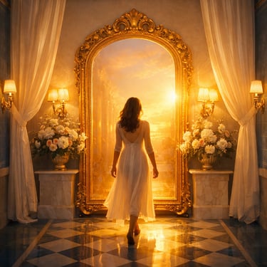 Golden ornate mirror reflecting a long hotel hallway with doors, surrounded by soft fabrics, flowers