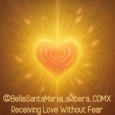 Glowing rose-shaped heart radiating golden light, symbolizing fearless receiving of love. belle.com.