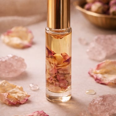 rose oil perfume natural macerated fragrance with rose petals and rose quartz for feminine scent and daily ritual