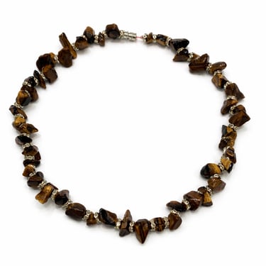 tiger eye chip stone necklace with natural brown and gold tones, protective crystal jewelry for strength focus and grounding