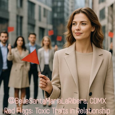 red arrows hover near a group of people behind her, toxic energy and traits in romantic, friendship