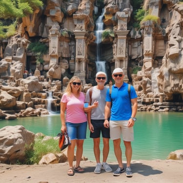 A colorful tour van with multiple inflated boats secured on the roof travels on a rural road. Lush green vegetation and banana plants line the side of the road. A tanker truck is parked in front of a brick structure near the road.