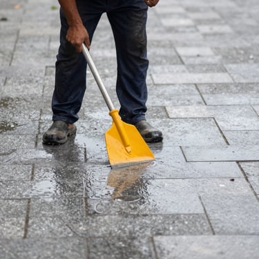 Stacks of gray paving stones are neatly arranged on wooden pallets, surrounded by construction materials such as plastic sheeting and other supplies. The setting appears to be an outdoor construction site with a tree visible and parts of unfinished pavement around.