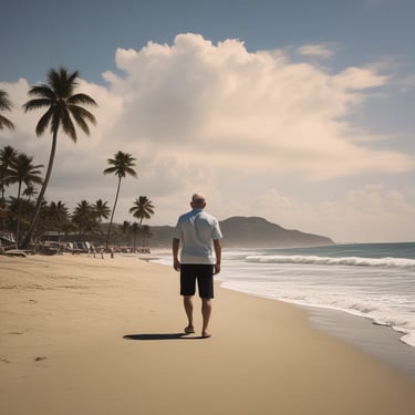 A luxurious residential complex is visible with a modern swimming pool in the foreground. Palm trees and a variety of lush green plants decorate the poolside area, while lounge chairs are placed under shaded wooden structures. The multi-story buildings in the background have balconies and large windows, giving the place a resort-like feel.