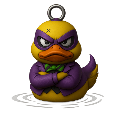 A super hero duck, a rubber duck toy with a purple mask on it