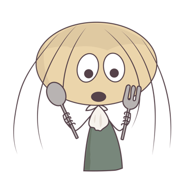 Cartoon character with a large head holding a spoon and fork, ready for a meal.