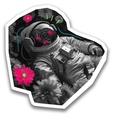 foto preta e branca de um astronauta deitado num campo de flores