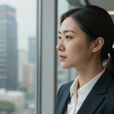A close-up of a professional woman in business attire looking thoughtfully out a window of a high-rise office in North American / US.